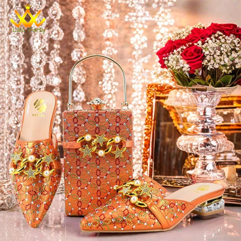 Low Heels Comfortable Sweet Style Italian Design Shoes Matching Bag Set in Orange Color High Quality with Crystal for Dress - So Real Fashion