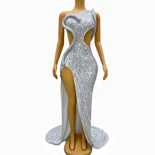 Sexy Stage Luxury Silver Sparkly Rhinestones Split Long Train Dress Wedding Evening Birthday Celebrate Sexy Big Tail Dress - So Real Fashion