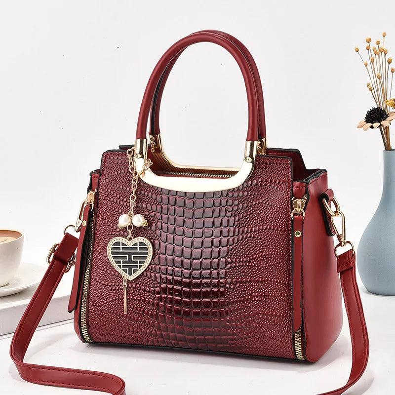 Glossy Crocodile Pattern Handbag, Women's Top Handle Satchel Purse, Fashion Crossbody Bag With Tassel Pendant - So Real Fashion