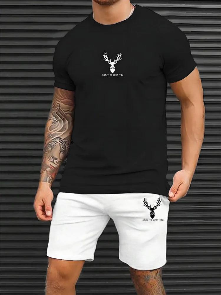 Two Piece Set Antler Print Men's Short Sleeve Shorts Set Summer Everyday Fashion Men's T-shirt Outdoor Casual Men's Beach Shorts - So Real Fashion