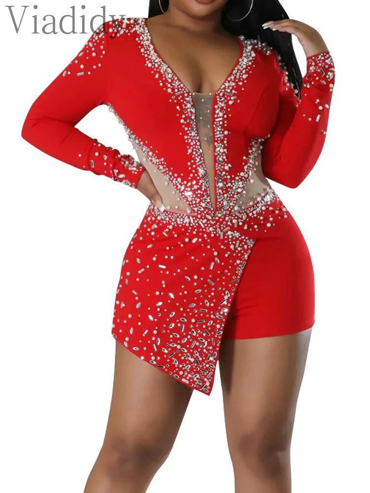 Women Sexy Rompers V-Neck Mesh Rhinestone Skinny Long Sleeve Playsuits - So Real Fashion