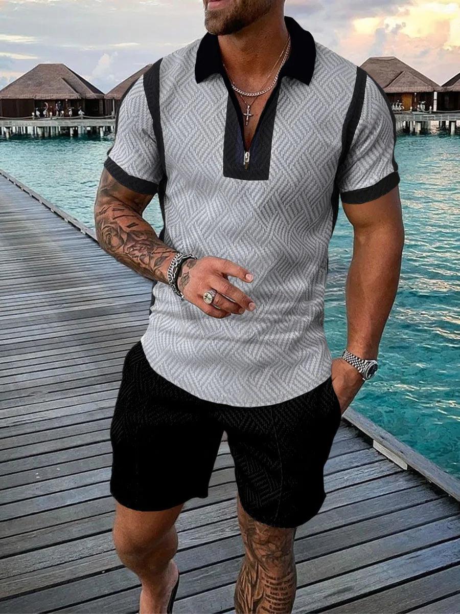 Summer Men's Sports Patchwork Pattern Short Sleeve Stylish Zipper Polo Shirt And Shorts Set Men's Casual Streetwear 2-pie - So Real Fashion