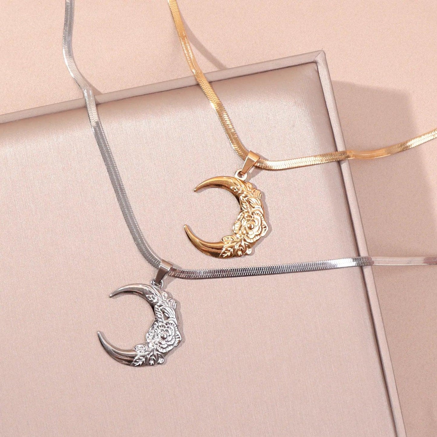 Aesthetic Flower Moon Crescent Necklace for Women Men Stainless Steel Snake Blade Chain Bohemia Chain Gift Jewelry collar - So Real Fashion