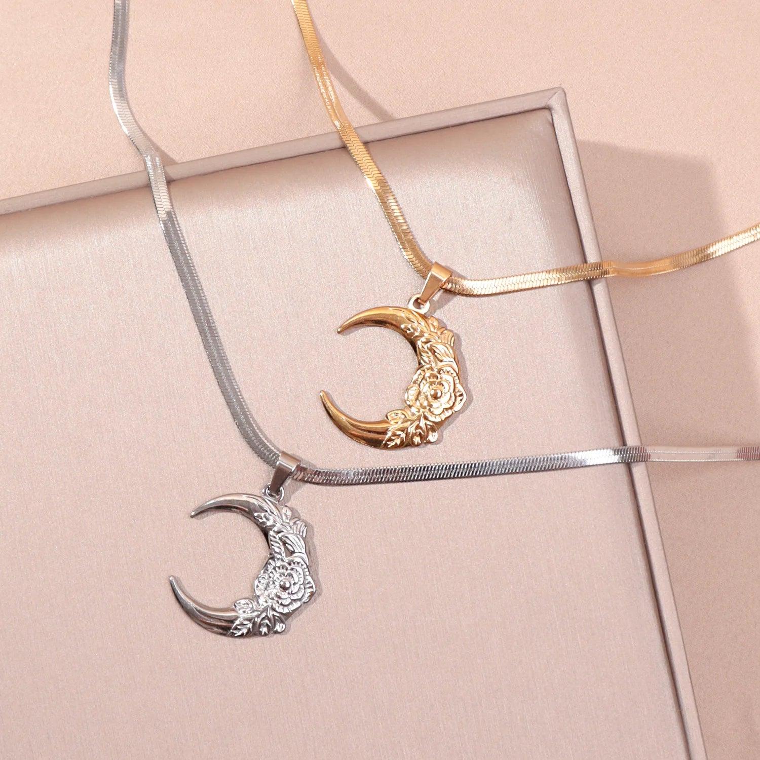 Aesthetic Flower Moon Crescent Necklace for Women Men Stainless Steel Snake Blade Chain Bohemia Chain Gift Jewelry collar - So Real Fashion