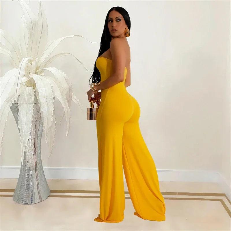 Metal Ring Tube Strapless Wide Leg Overall Jumpsuit Women Elegant Sleeveless Backless Rompers Night Club Party Birthday Outfits - So Real Fashion