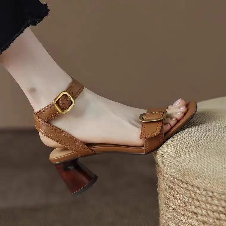 Ankle Strap VINTAGE Sandals for Women Open Toe High Heels Sandalias De Mujer Belt Buckle Square Heeled Women Pumps - So Real Fashion