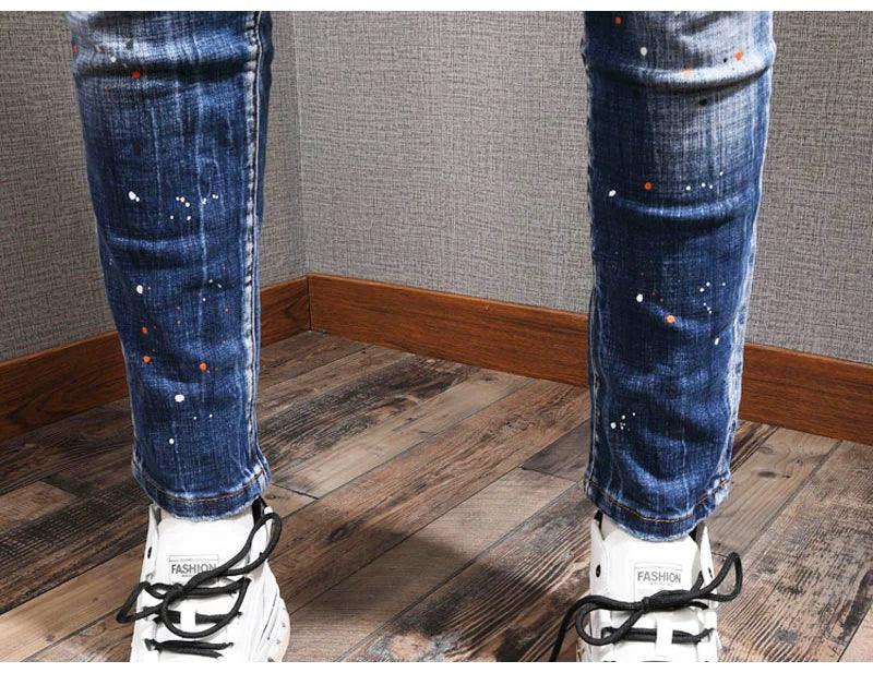 Fashion Streetwear Men Jeans Retro Blue Elastic Slim Fit Ripped Jeans Men Painted Designer Elastic Hip Hop Denim Pencil Pants - So Real Fashion