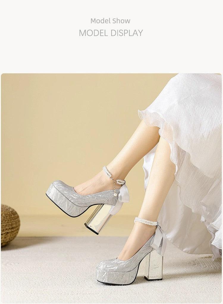 Waterproof Platform Super High Heels Chunky Heel Champagne Bridesmaid Wedding Shoes Short Music Strap Pearl Grace Flats - So Real Fashion