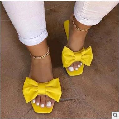 Fashion Summer Plus Size One-line Solid Color Bow Flat Sandals Outdoor Beach Slippers Elegant Women Shoes. - So Real Fashion