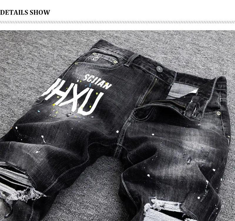 Street Fashion Men Jeans Retro Black Gray Stretch Slim Fit Painted Ripped Jeans Men Printed Designer Hip Hop Denim Pants Hombre - So Real Fashion