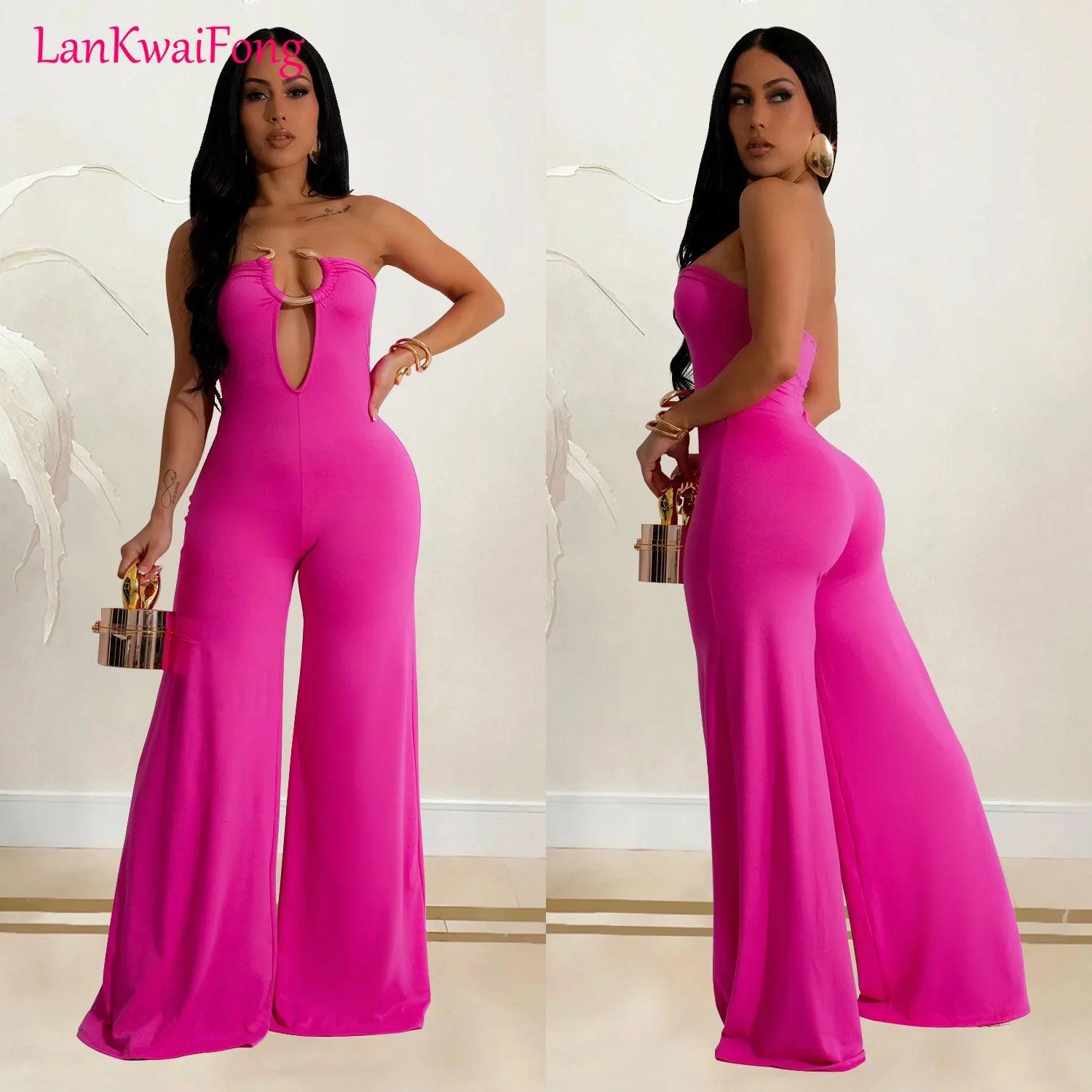 LKF Fashion Party Women's Jumpsuit Solid Color Chest Wrap Off Shoulder Hollow Fit Sexy Wide Leg Long Jumpsuit - So Real Fashion