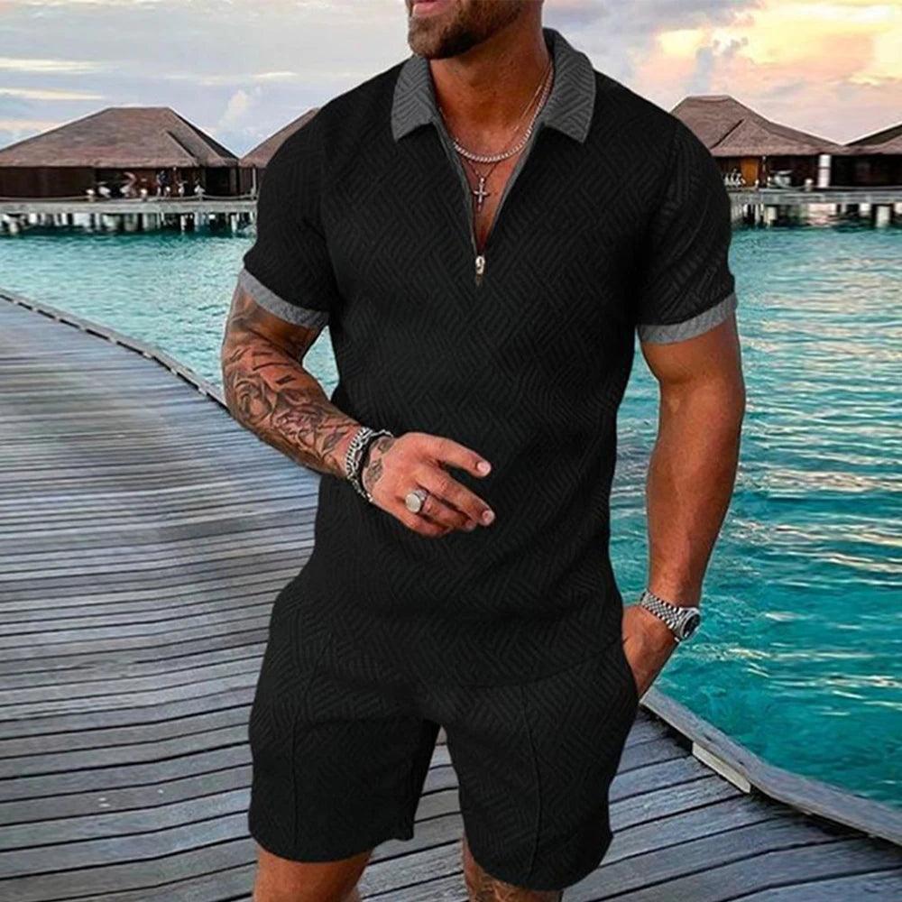 Men's Athletic T-Shirt Set Casual Mesh Lapel Short Sleeve Pullover Tops+Shorts 2-Piece Male Solid Thin Sporty Suits Black Zipper - So Real Fashion