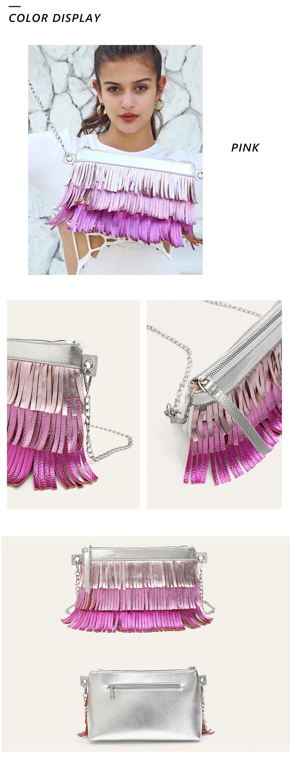 Vegan Leather Colorful Tassel Fringe Handbag Women Fashion Chic Chain Shoulder Cross body Bag - So Real Fashion