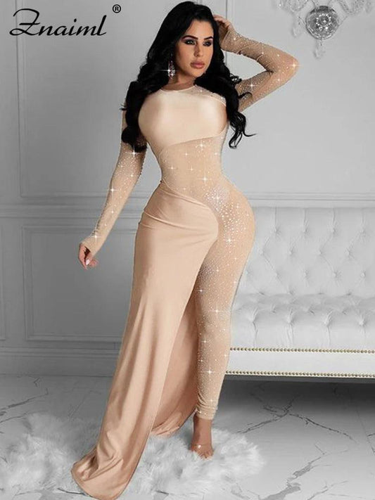 Znaiml Luxury Women Long Sleeve Sheer Mesh Patchwork Skinny Night Party Club Romper Overalls Birthday Sexy Rhinestone Jumpsuits - So Real Fashion