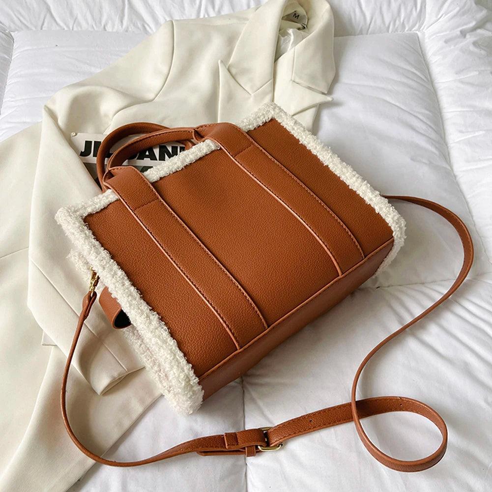 Winter Soft Lamb Wool Stitching Top-Handle Bags PU Leather Fashion Small Crossbody Bags Letter Print Ladies Square The Tote Bags - So Real Fashion