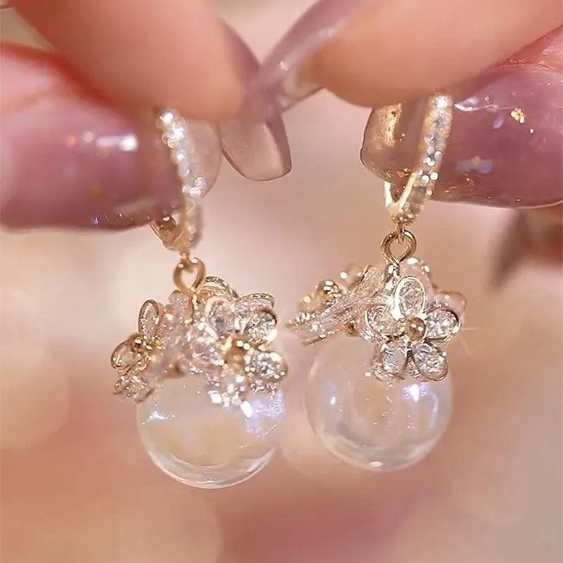 Flower Zircon Hoop Earrings for Women Temperament Pearl Dangle Earring Valentines Day Gift Jewelry Pendientes - So Real Fashion