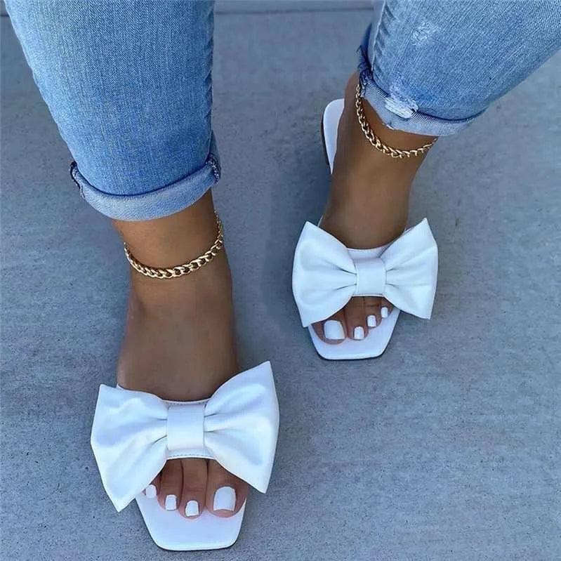 Fashion Summer Plus Size One-line Solid Color Bow Flat Sandals Outdoor Beach Slippers Elegant Women Shoes. - So Real Fashion