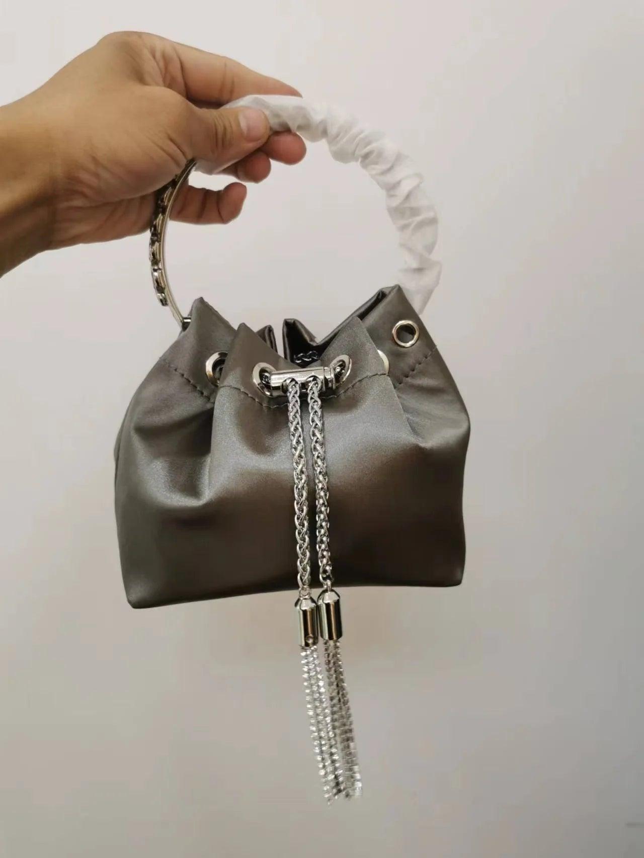 Luxury Designer Glitter Diamonds Tassel Bucket Bag Metal Ring Handheld Women's Handbag Wedding Party Clutch Purse Shoulder Bag - So Real Fashion