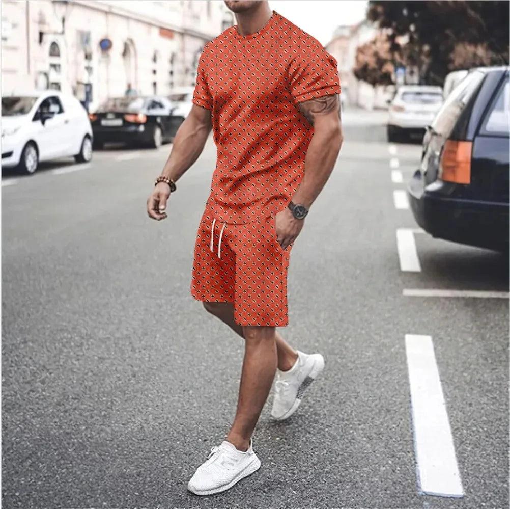 Summer vocation Men's Tshirt Set 3D Print Solid Color Men Round Neck T-Shirt Shorts Two Piece Set Casual Man Suits Clothing - So Real Fashion