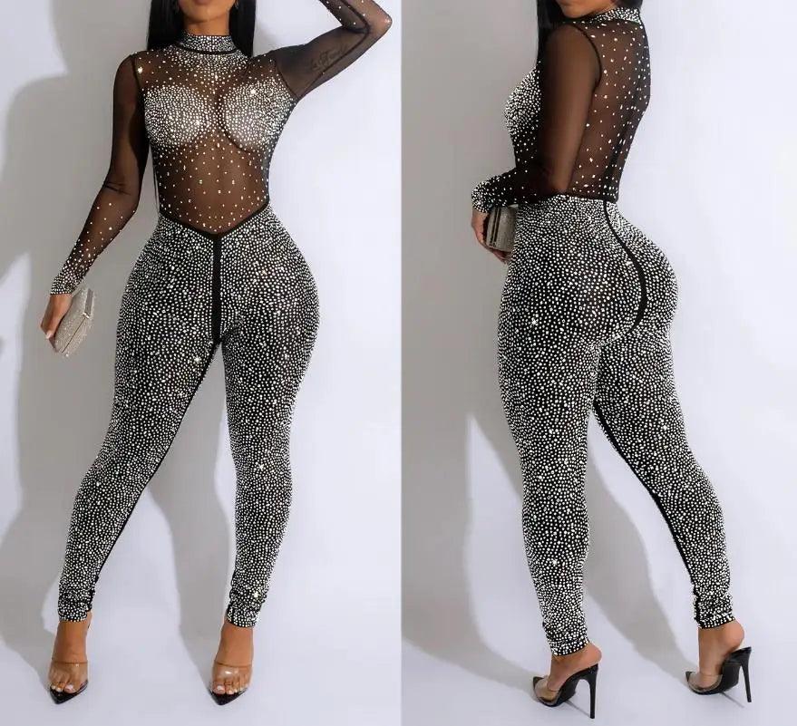 Sexy Party Jumpsuits Women Autumn Solid Mesh Diamond Fashion Long Sleeve Pants Jumpsuit Clubwear Female Overalls Streetwear - So Real Fashion