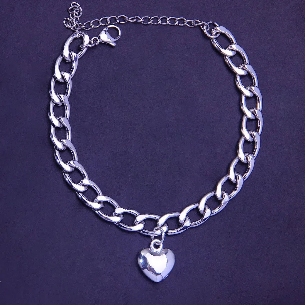 Stainless Steel Heart Anklets Fashion Cuban Chain Accessory Summer Beach Anklet For Women Foot Jewelry Sandal Feet Gifts.