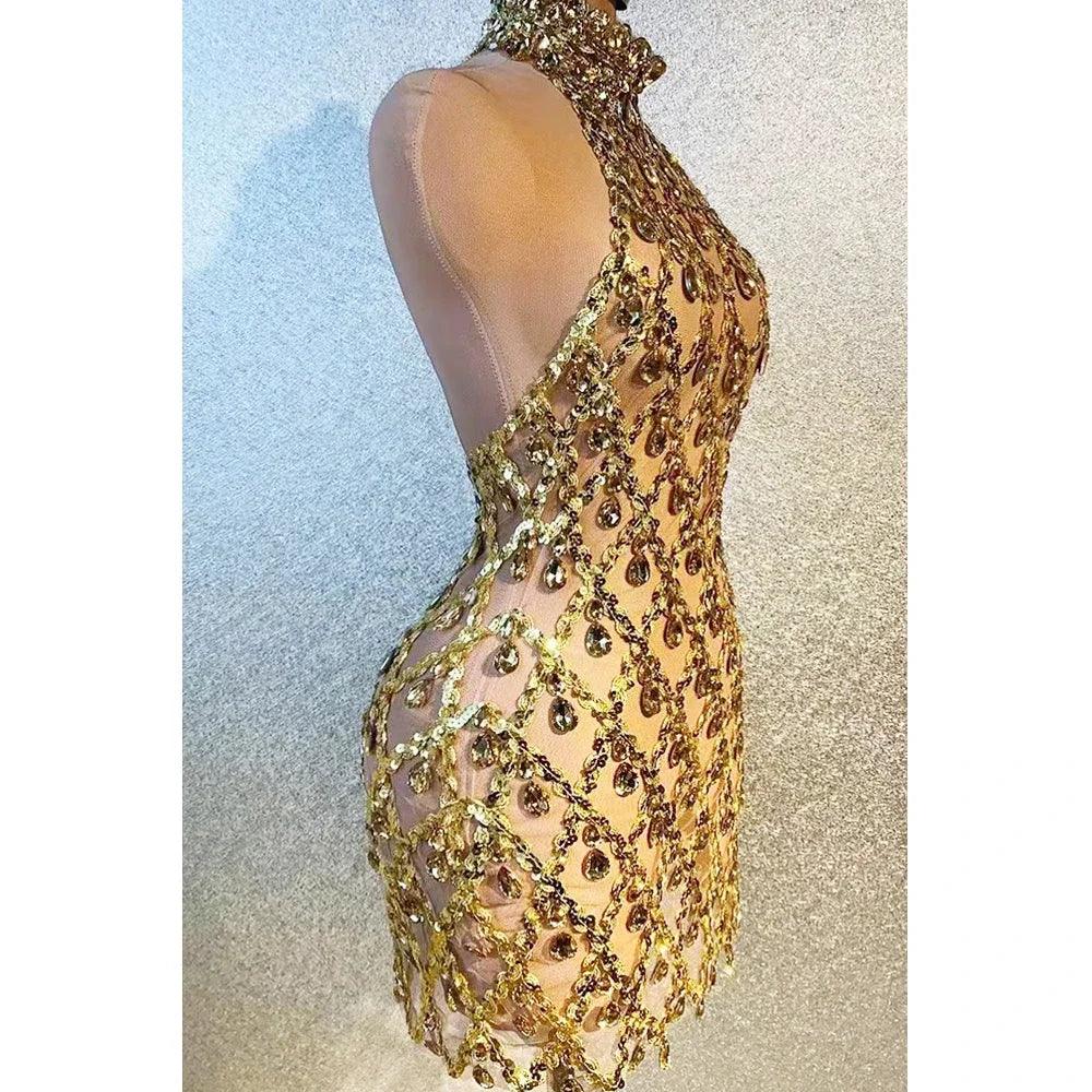 Sparkly Black Gold Sequins Sleeveless Transparent Backless Dress Evening Club Celebrate Birthday Stretchy Mesh Photography Wear - So Real Fashion