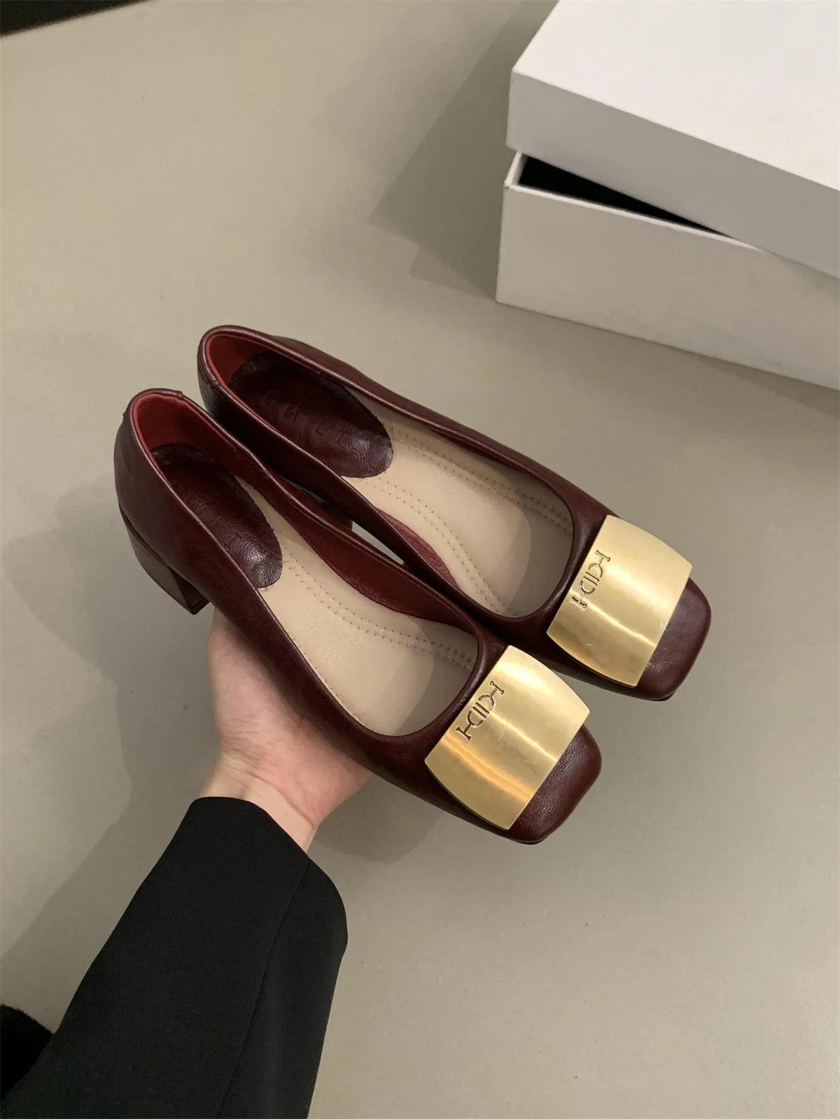 Metal Buckle Elegant Mid Heel Shoes Street Style Women's Chunky Heels Pumps Shoes Spring Retro Autumn Shoes for Women Fashion - So Real Fashion