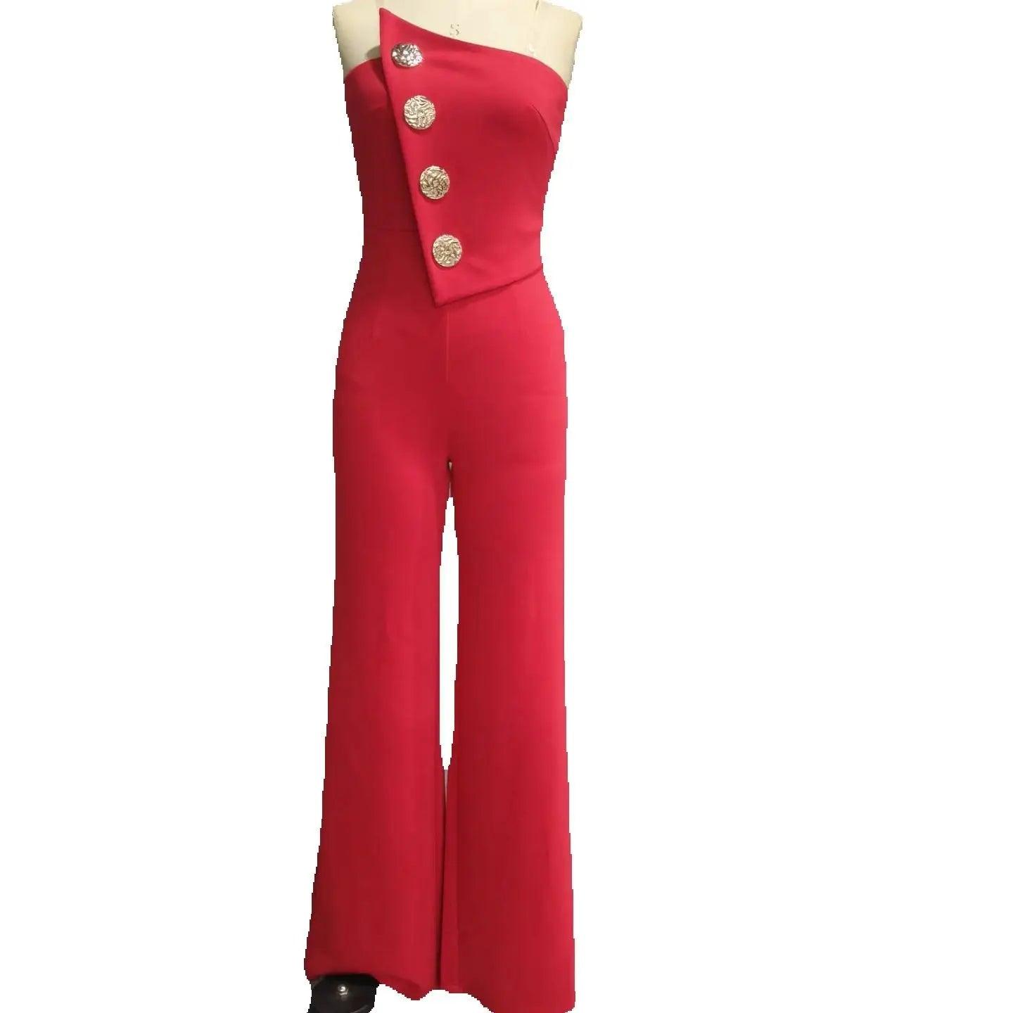 Asymmetrical Bandeau Strapless Jumpsuit Metal Button Decor Casual Overalls - So Real Fashion