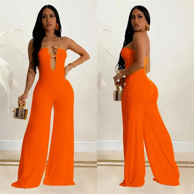 Metal Ring Tube Strapless Wide Leg Overall Jumpsuit Women Elegant Sleeveless Backless Rompers Night Club Party Birthday Outfits - So Real Fashion