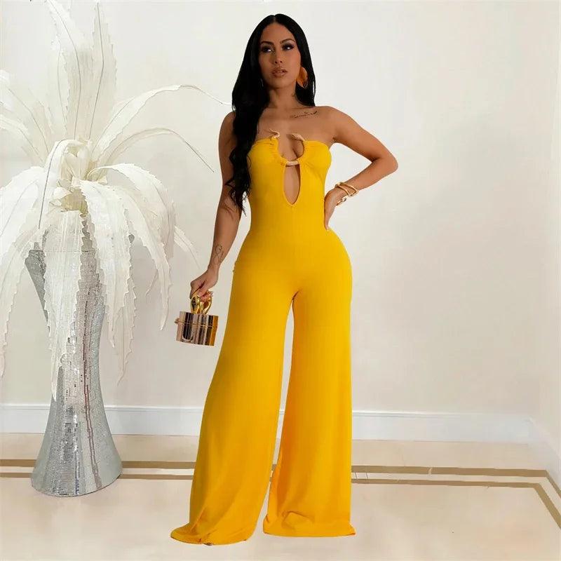 Metal Ring Tube Strapless Wide Leg Overall Jumpsuit Women Elegant Sleeveless Backless Rompers Night Club Party Birthday Outfits - So Real Fashion