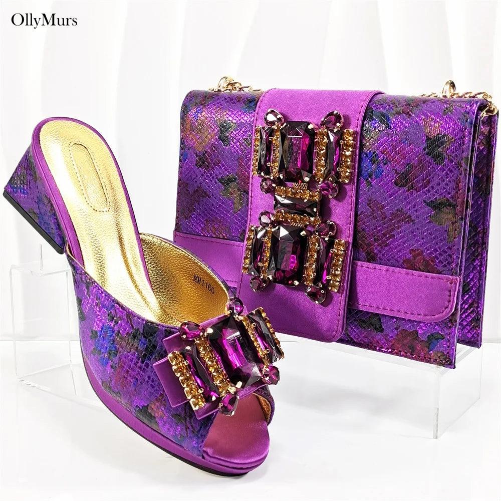 Latest Design High Heels Shoes And Bag Set Hot Selling Fashion PU With Rhinestone Shoes And Bag Set For Party On Sale - So Real Fashion