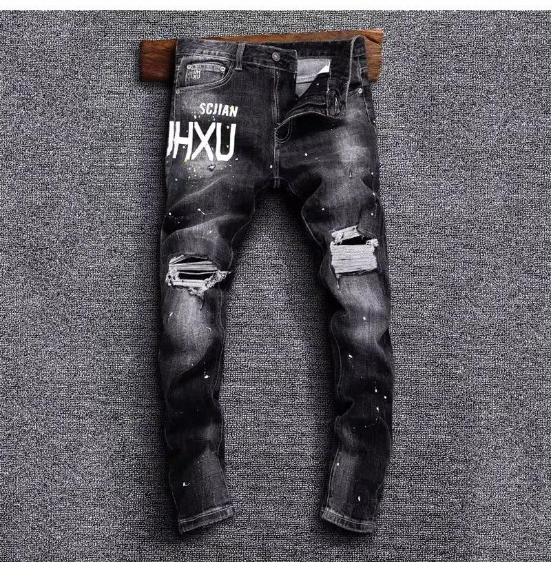 Street Fashion Men Jeans Retro Black Gray Stretch Slim Fit Painted Ripped Jeans Men Printed Designer Hip Hop Denim Pants Hombre - So Real Fashion