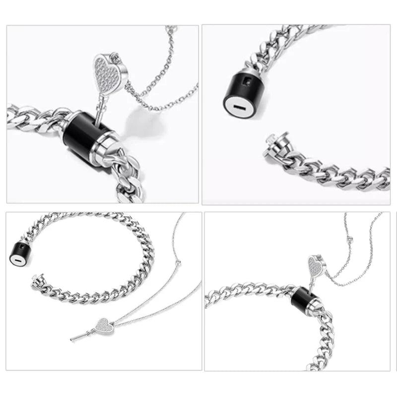 2pcs Key Pendant Necklace Lock Charm Bracelet Couple Jewelry Valentines Day Gift - So Real Fashion