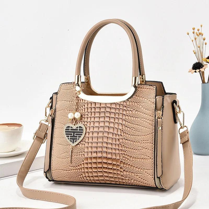 Glossy Crocodile Pattern Handbag, Women's Top Handle Satchel Purse, Fashion Crossbody Bag With Tassel Pendant - So Real Fashion