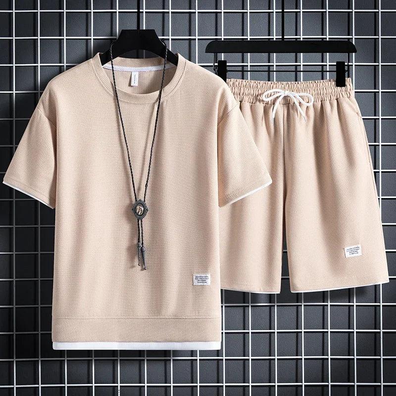 Men's new Waffle Summer Suit 2024 Casual T-shirt + Shorts Suit Men's Tracksuit Solid color tracksuit loose suit - So Real Fashion