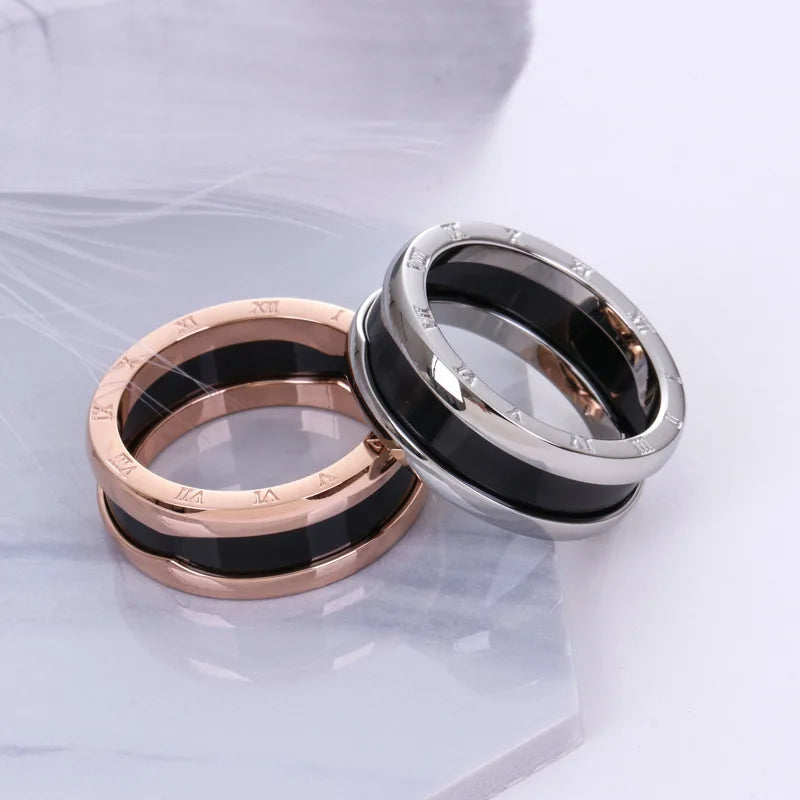 Roman Numeral Ring for Women Men Black Ceramics 18KGP Rose Gold Silver Color Stainless Steel Charm Jewelry (R010)