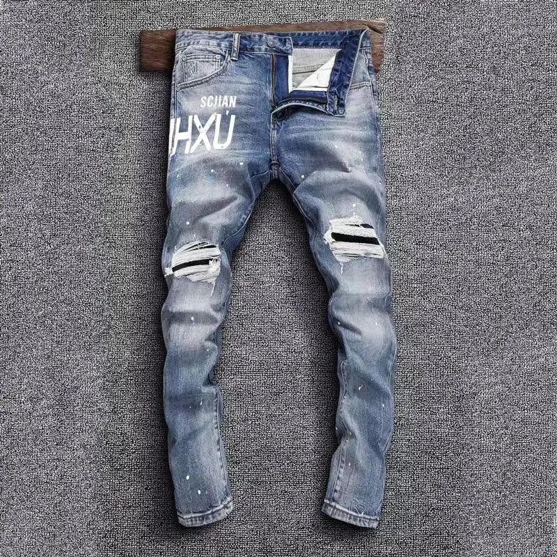 Street Fashion Men Jeans Retro Black Gray Stretch Slim Fit Painted Ripped Jeans Men Printed Designer Hip Hop Denim Pants Hombre - So Real Fashion