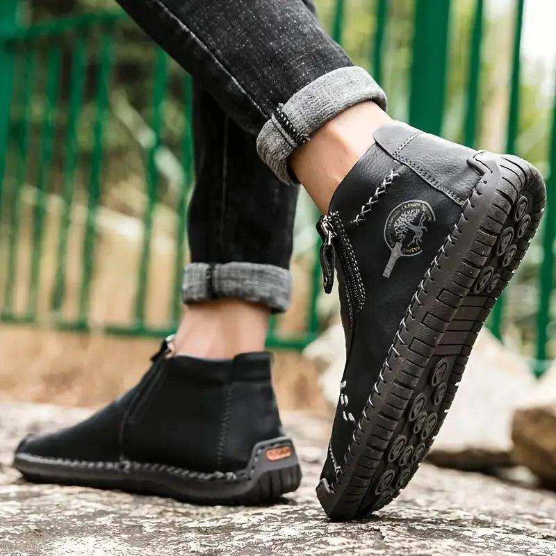 Handmade Leather Casual Shoes For Men Sneakers Men Flat Footwear Zipper Leather Boots Men Ankle Plus Size 39-48 - So Real Fashion