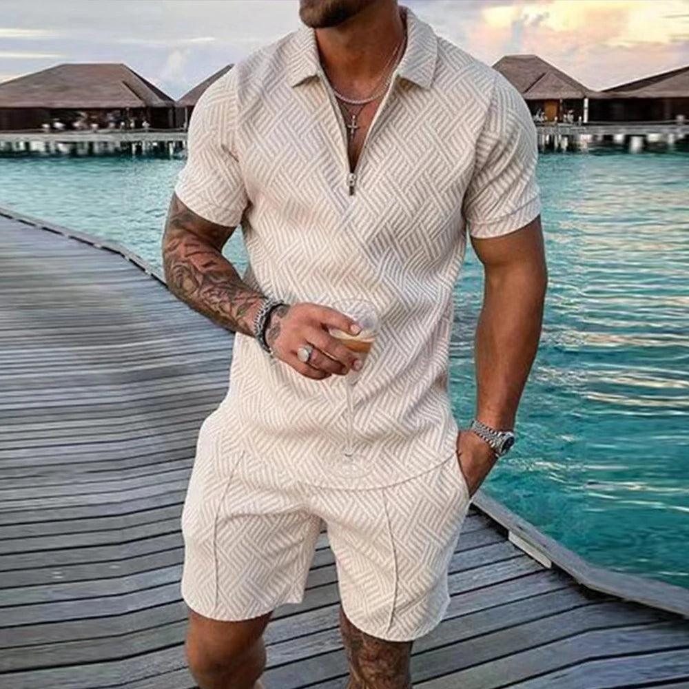 Men's Athletic T-Shirt Set Casual Mesh Lapel Short Sleeve Pullover Tops+Shorts 2-Piece Male Solid Thin Sporty Suits Black Zipper - So Real Fashion