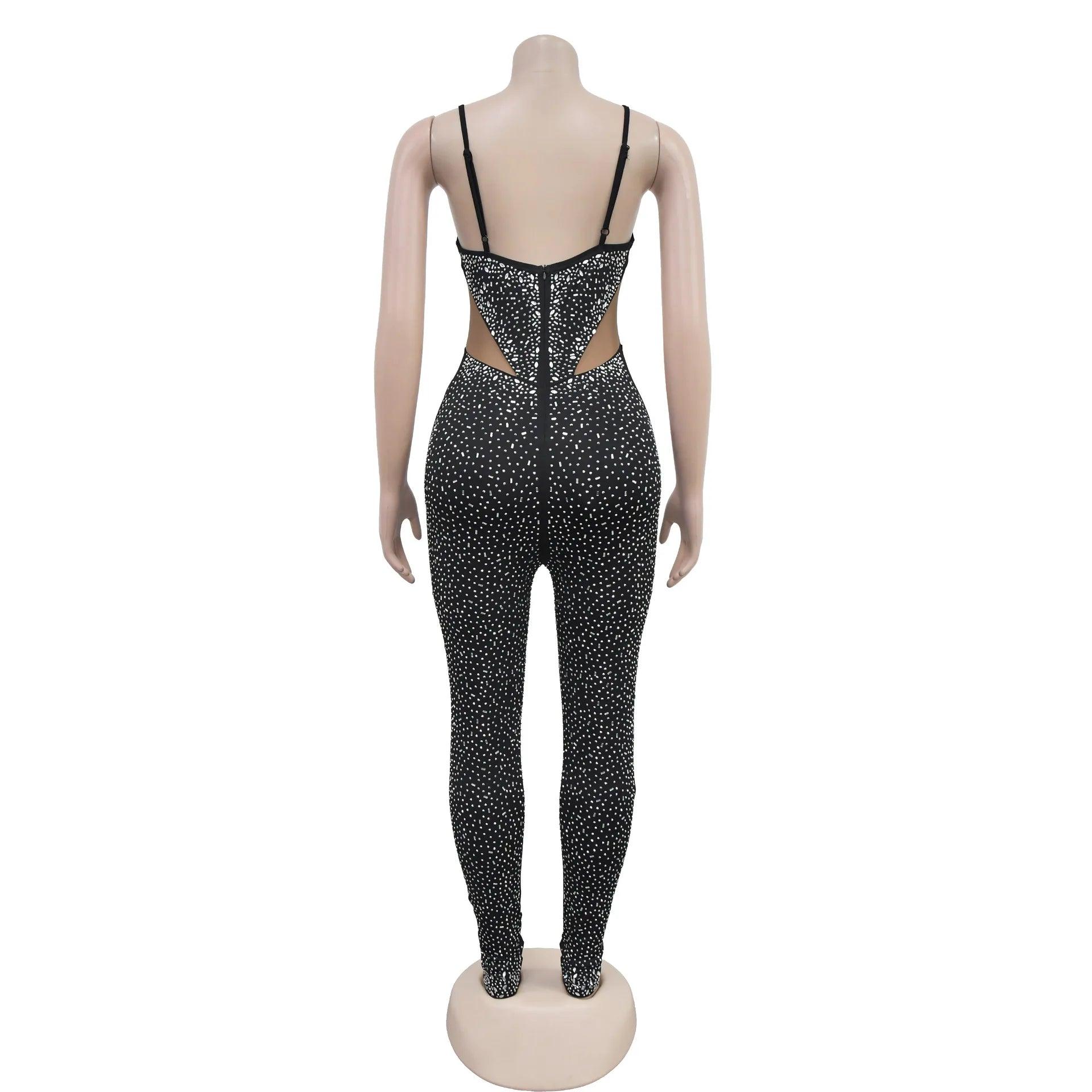 Sexy Sheer Mesh Pacthwork Rhinestone Decor Sleeveless Skinny Jumpsuit - So Real Fashion