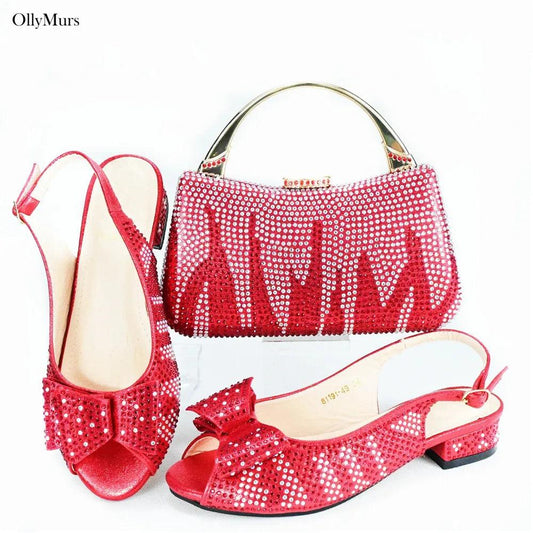 Autumn Fashion PU With Rhinestone Woman Sandal Shoes And Bag Set Elegant Low Heels Shoes And Bag To Match Set For Party - So Real Fashion