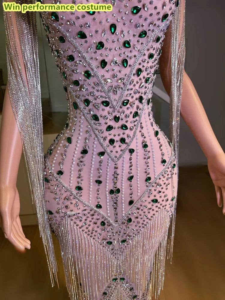 Sparkling Colored Rhinestones Tassels Hollowed Out Mesh Tight And Sexy Long Dress Nightclub Bar Performance Costumes - So Real Fashion