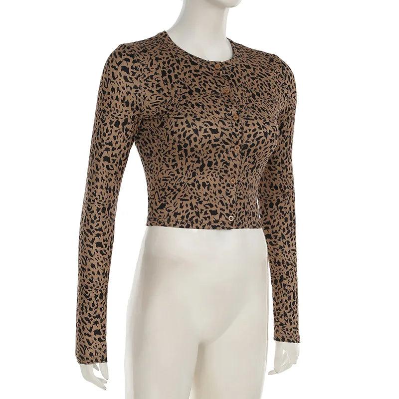 Nibber 2 Piece Set Leopard Print Woman Button-Down Mini Long-Sleeved Top+Cropped Trousers Sexy Comfortable Wild Midnight Suit - So Real Fashion