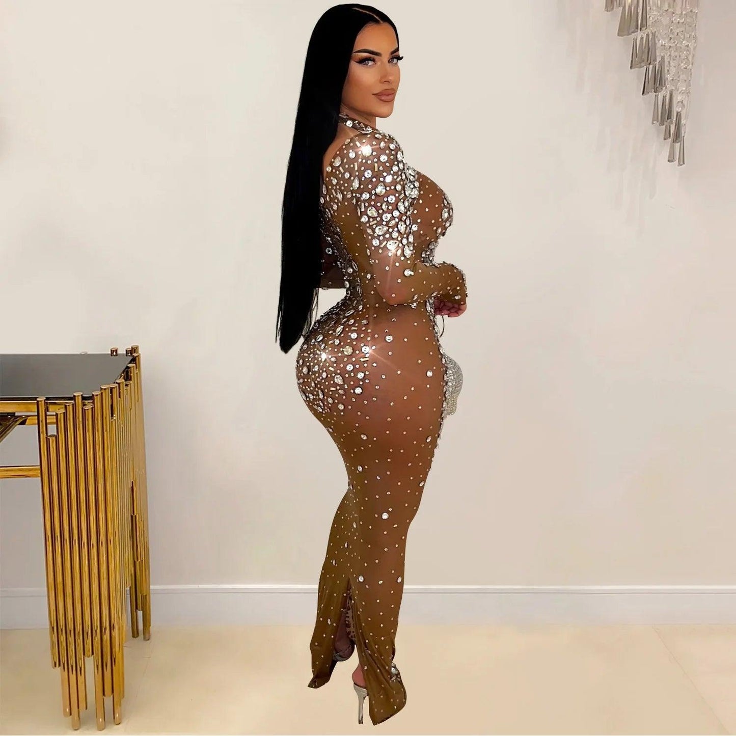 Women Long Sleeve Mesh Diamonds Hot Rhinestones Bodycon Midi Dress Women’s Maxi Long Evening Birthday Dresses - So Real Fashion