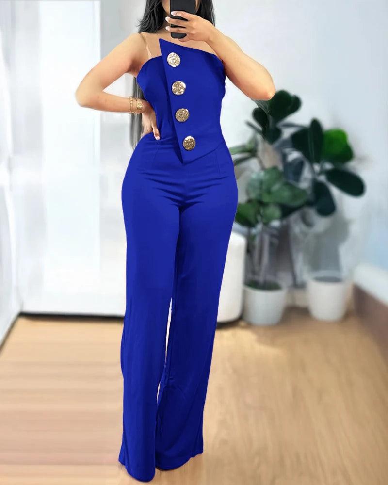 Asymmetrical Bandeau Strapless Jumpsuit Metal Button Decor Casual Overalls - So Real Fashion