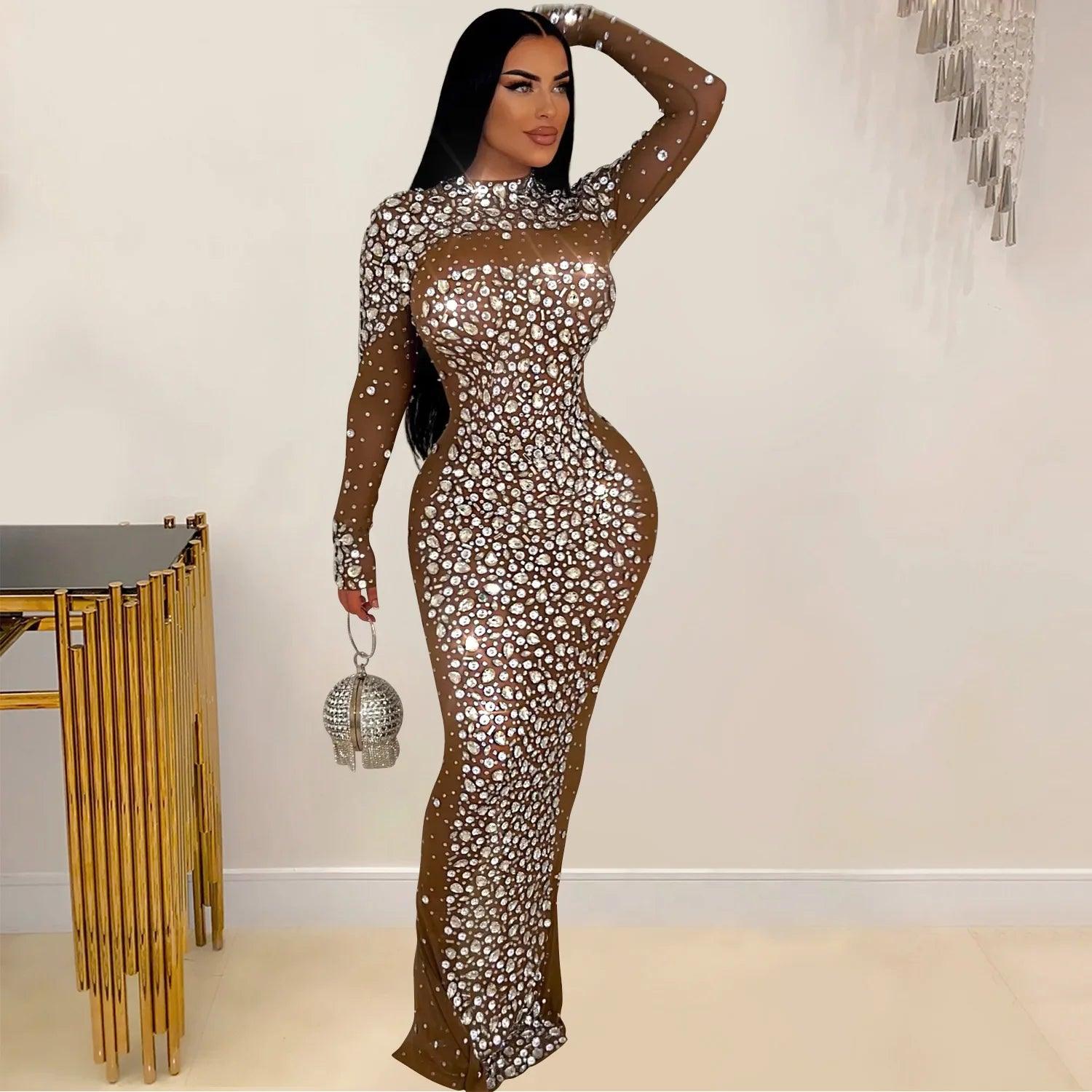 Women Long Sleeve Mesh Diamonds Hot Rhinestones Bodycon Midi Dress Women’s Maxi Long Evening Birthday Dresses - So Real Fashion