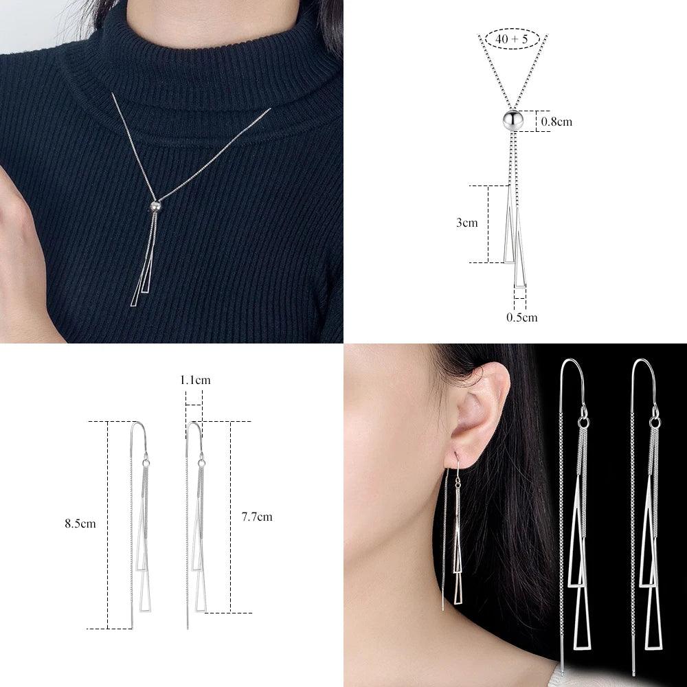 Fanqieliu Real Sterling Silver Triangle Pendant Necklace Box Chain Long Drop Earrings Jewelry Sets For Women Trendy. - So Real Fashion