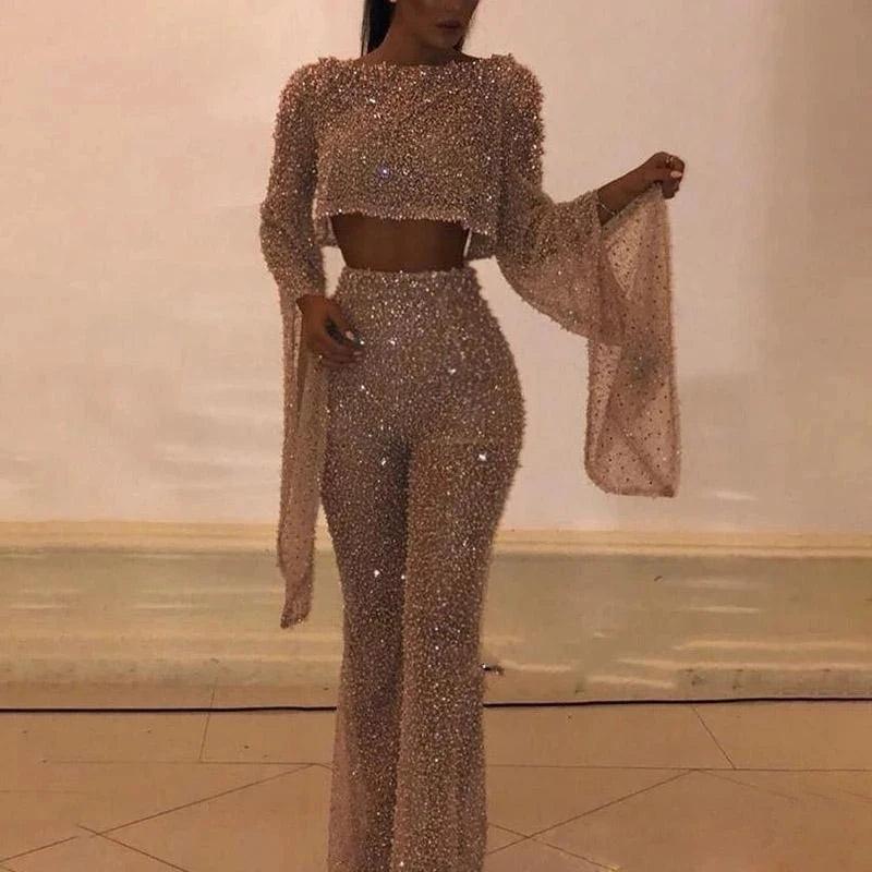 Sexy Backless Hollow Bandage Jumpsuit Women Spring O-neck Flare Sleeve Straight Playsuit Fall Sequin Shiny Party Romper Overalls - So Real Fashion