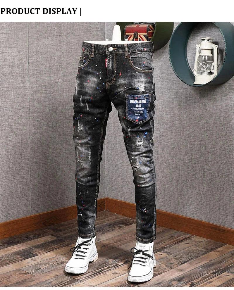 Fashion Streetwear Men Jeans Retro Blue Elastic Slim Fit Ripped Jeans Men Painted Designer Elastic Hip Hop Denim Pencil Pants - So Real Fashion