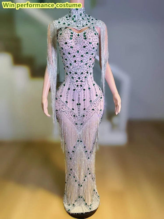 Sparkling Colored Rhinestones Tassels Hollowed Out Mesh Tight And Sexy Long Dress Nightclub Bar Performance Costumes - So Real Fashion